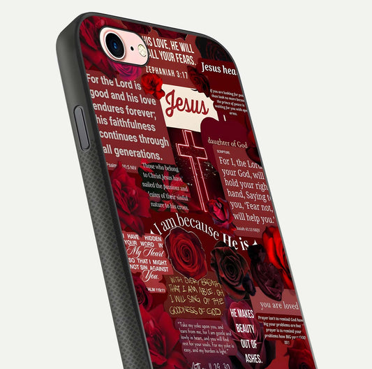 Jesus Love Heals Glass Case for iPhone 6 Plus close-up angled shot showing healing text, cross detailing, and reflection