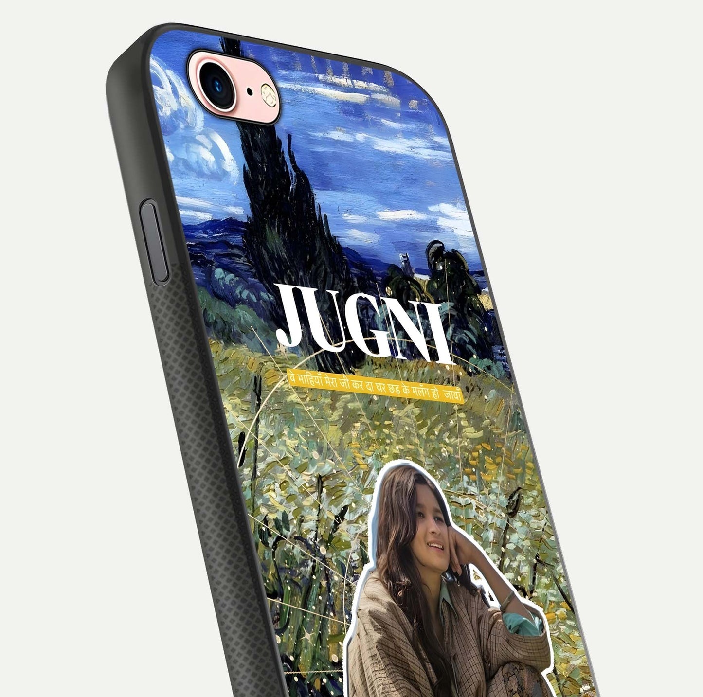 Jugni Soul Vibes Glass Case for iPhone 6 Plus close-up angled shot showing typography detail and vibrant gloss reflection