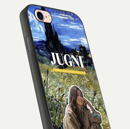 Jugni Soul Vibes Glass Case for iPhone 6 Plus close-up angled shot showing typography detail and vibrant gloss reflection
