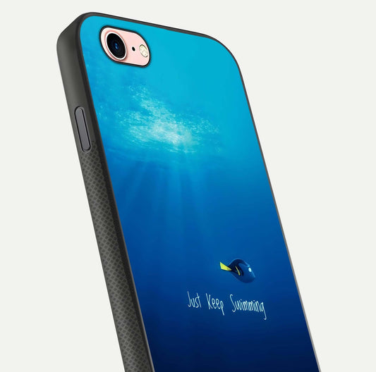 Just Keep Swimming Glass Case for iPhone 6 Plus close-up angled shot showing elegant lettering and blue tone reflection