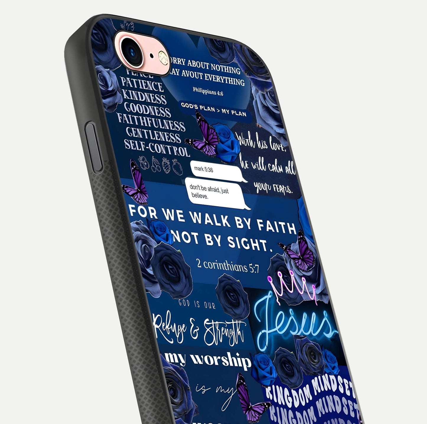 Kingdom Faith Glow Glass Case for iPhone 6 Plus close-up angled shot showing luminous text and divine reflection