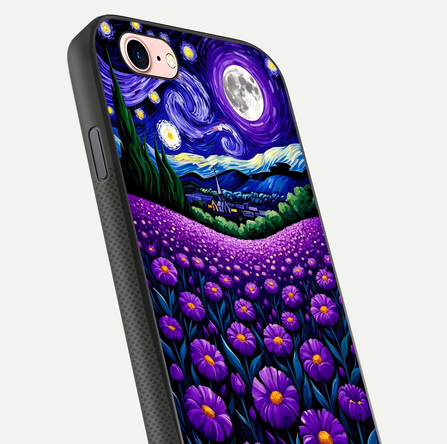Lavender Moon Field Glass Case for iPhone 6 Plus close-up angled shot showing moon glow and purple detailing