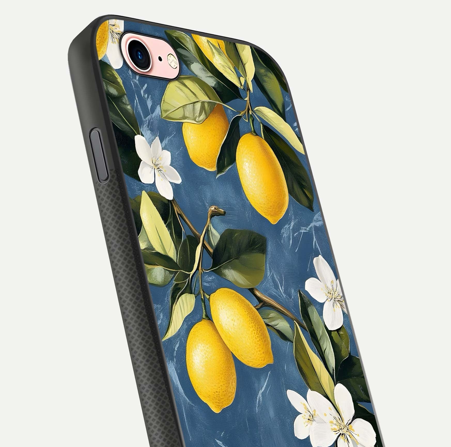 Lemon Dream Garden Glass Case for iPhone 6 Plus close-up angled shot showing fruit details and shine reflection