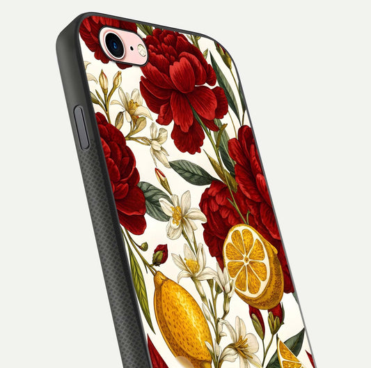 Lemon Rose Charm Glass Case for iPhone 6 Plus angled close-up showing vivid rose details and HD glass reflection