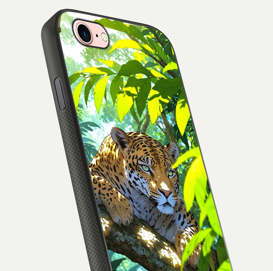 Leopard in Jungle Glass Case for iPhone 6 Plus angled close-up showing fur texture and glossy shine reflection
