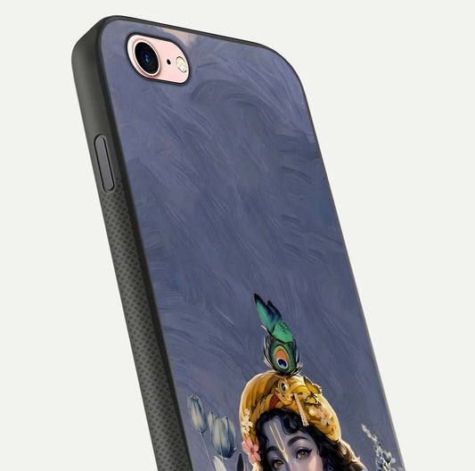 Lord Krishna Glass Case for iPhone 6 Plus angled close-up showing intricate flute and reflection details