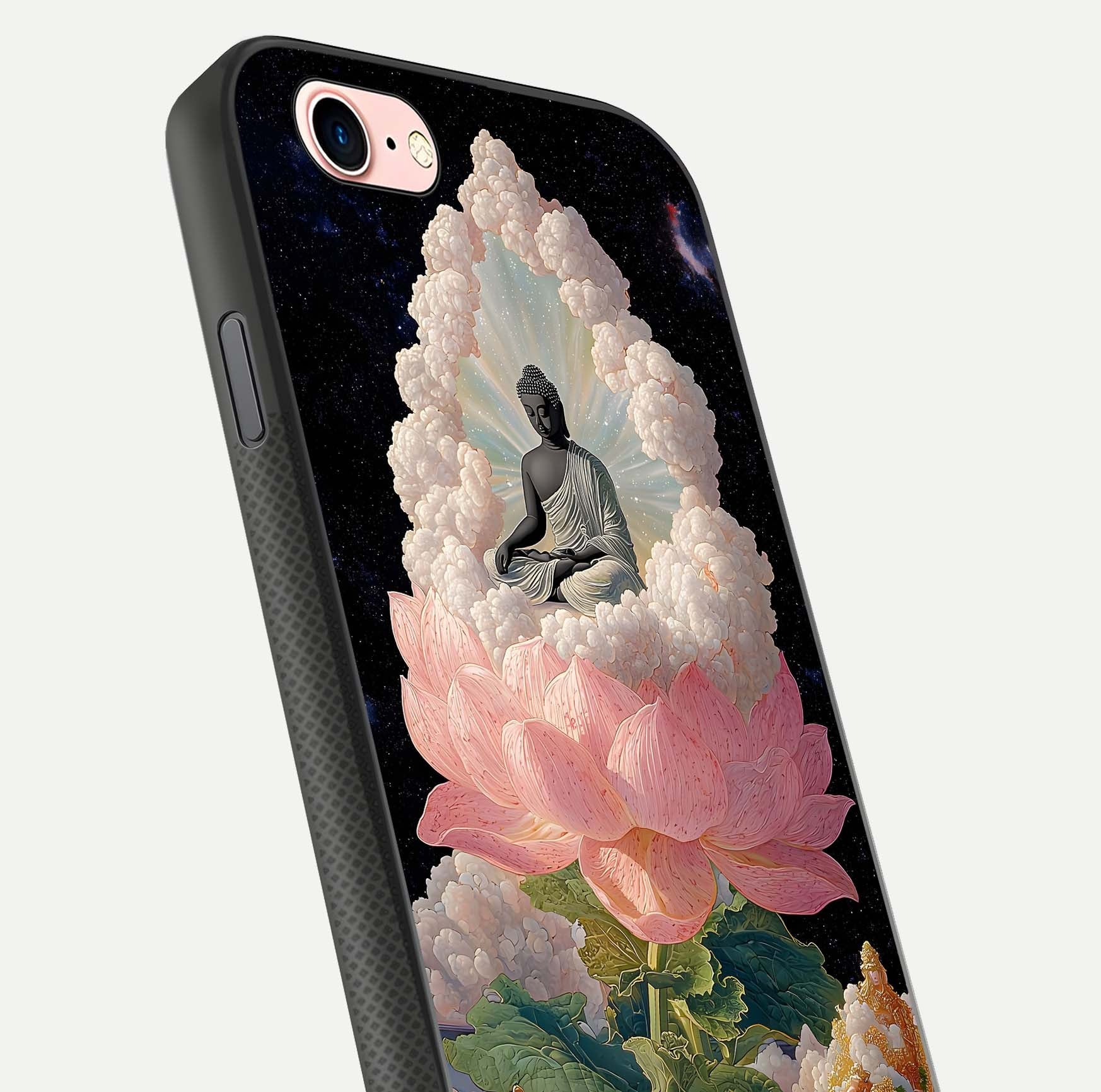 Lotus Divine Peace Glass Case for iPhone 6 Plus angled close-up showing delicate petals and gloss reflection