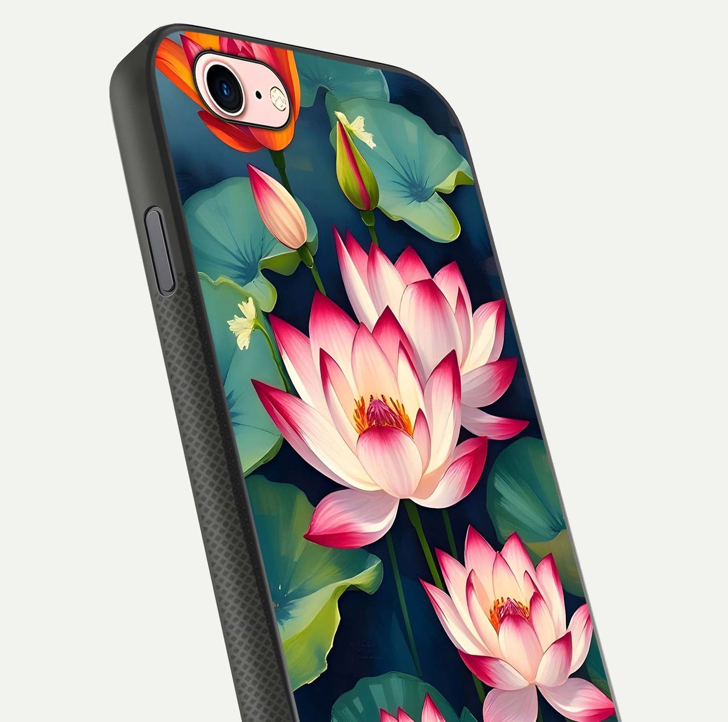 Lotus Dream Serenity Glass Case for iPhone 6 Plus close-up angled shot showing floral details and soft shine