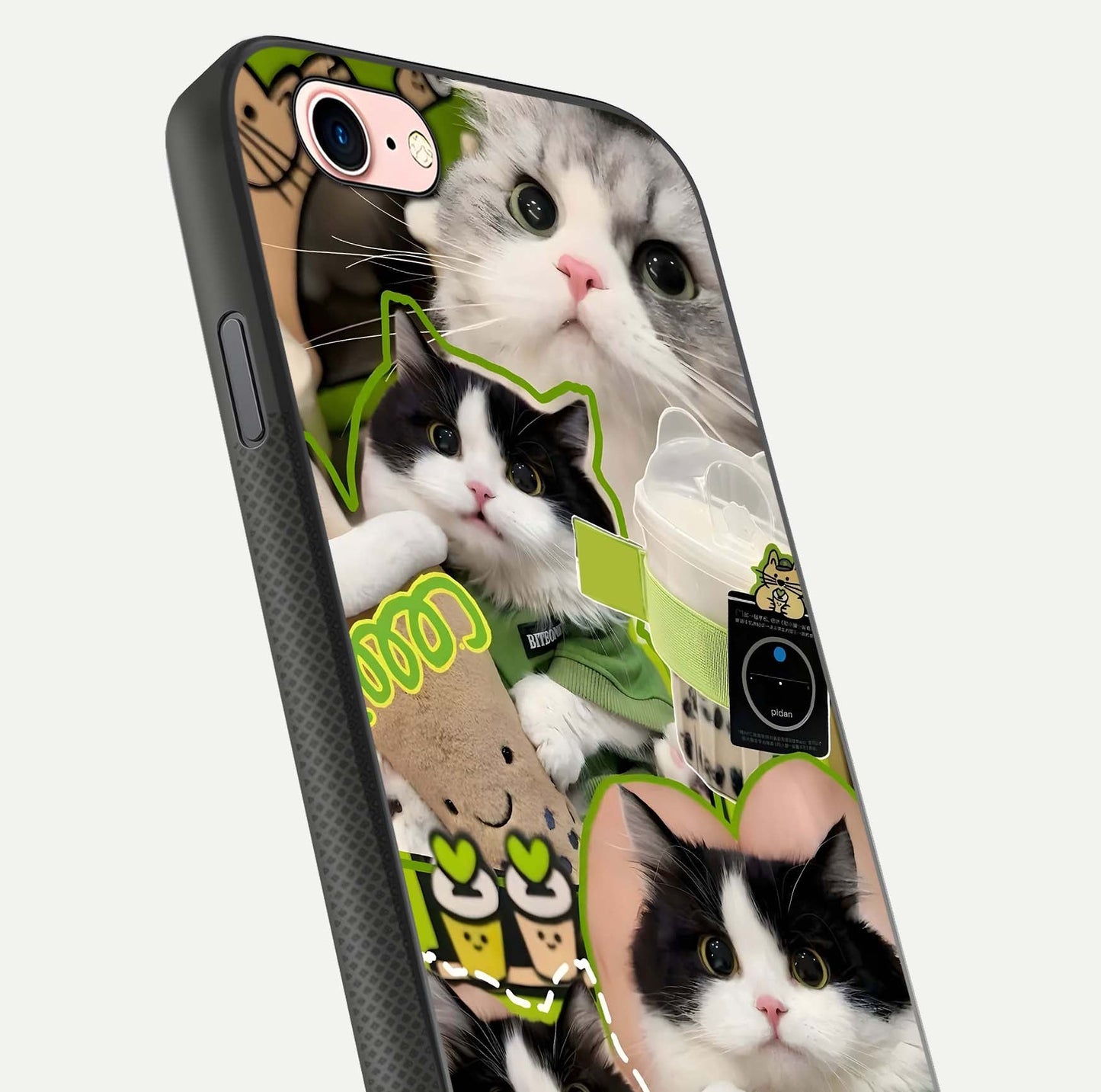 Matcha Cats Mood Glass Case for iPhone 6 Plus close-up angled shot showing adorable cat art and reflection detail