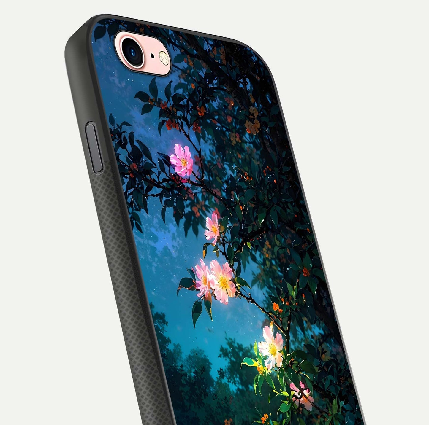 Midnight Bloom Glow Glass Case for iPhone 6 Plus close-up angled shot showing petal highlights and glow reflection