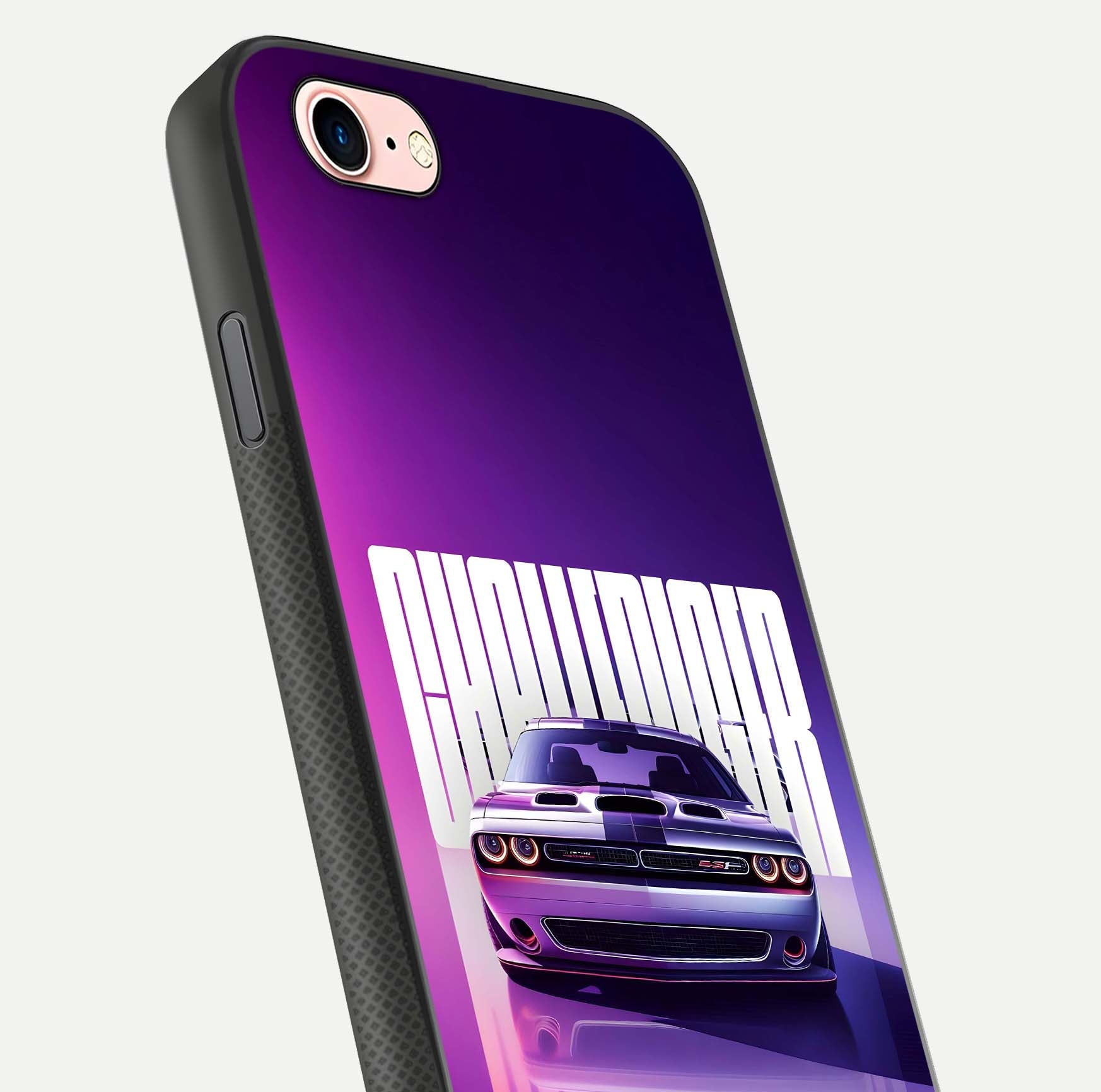 Midnight Muscle Ride Glass Case for iPhone 6 Plus close-up angled shot showing HD reflections and car details
