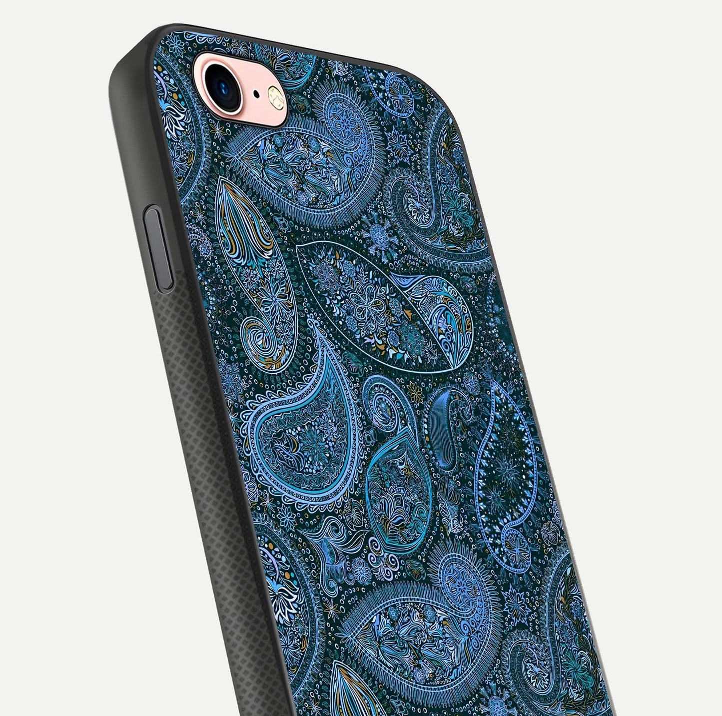 Midnight Paisley Glow Glass Case for iPhone 6 Plus close-up angled shot showing floral details and gloss texture
