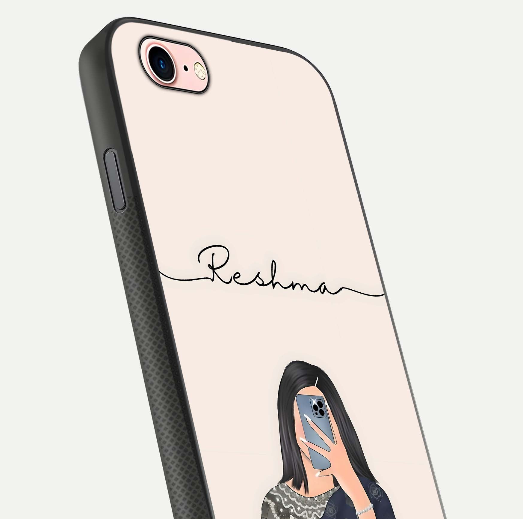Mirror Mood Muse Custom Name Glass Case for iPhone 6 Plus close-up angled shot highlighting gloss and mirror depth