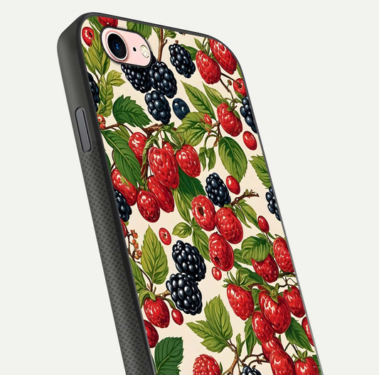 Mixed Berry Collage Glass Case for iPhone 6 Plus close-up angled shot showing fruit detail and reflection glow