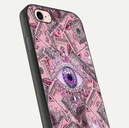 Money Eye Luxe Glass Case for iPhone 6 Plus close-up angled shot showing gold detailing and reflection shine