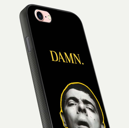 Mr Bean Damn Glass Case for iPhone 6 Plus close-up angled shot highlighting comic expression and shine detail