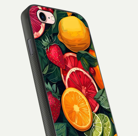 Multiple Fruits Glass Case for iPhone 6 Plus close-up angled shot showing fruit texture and HD gloss shine