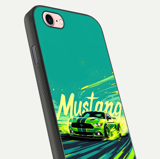Mustang Bang Glass Case for iPhone 6 Plus close-up angled shot showing car emblem and HD reflection