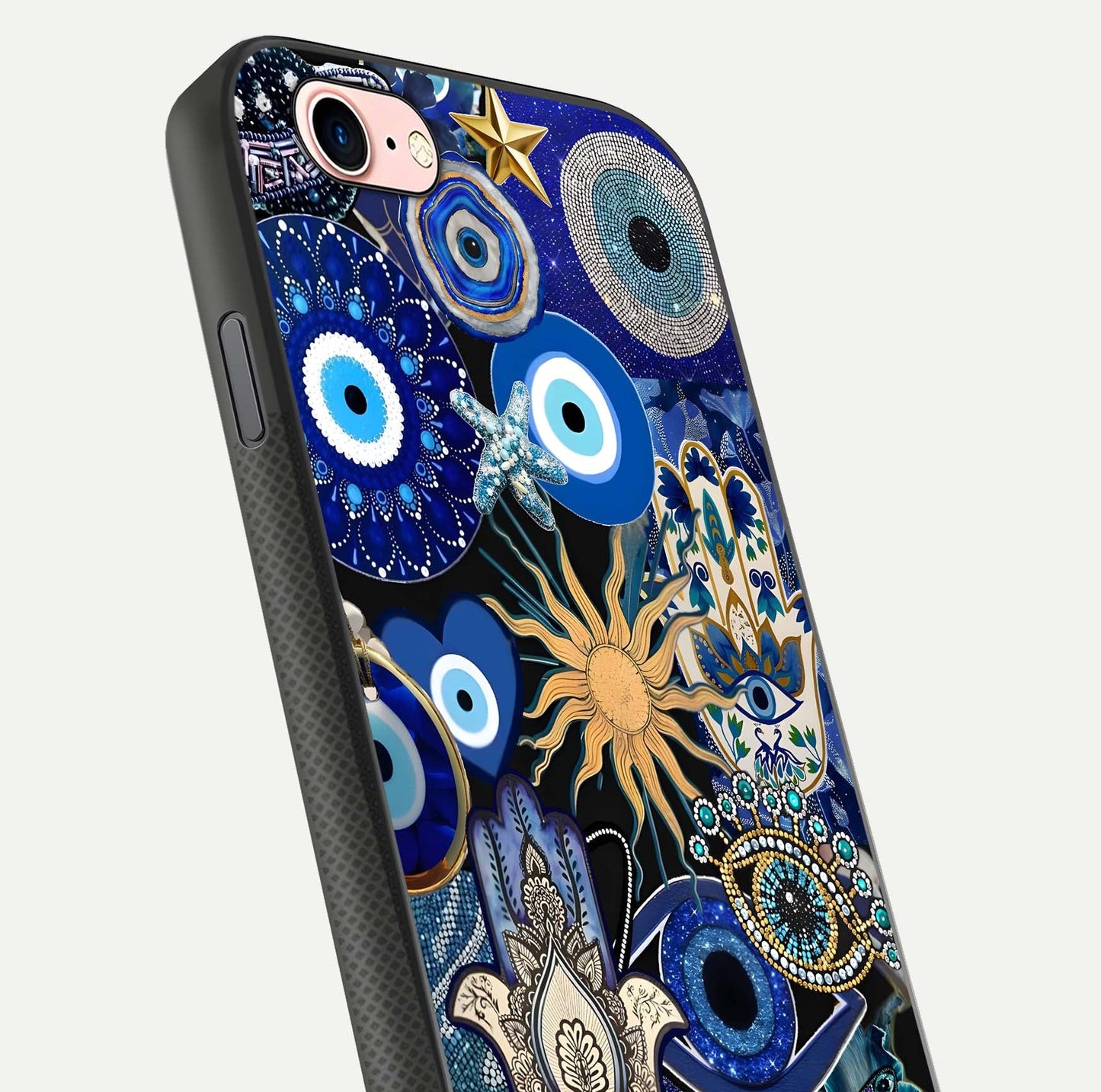 Mystic Blue Evil Eye Glass Case for iPhone 6 Plus close-up angled shot highlighting mystical glow and HD reflection