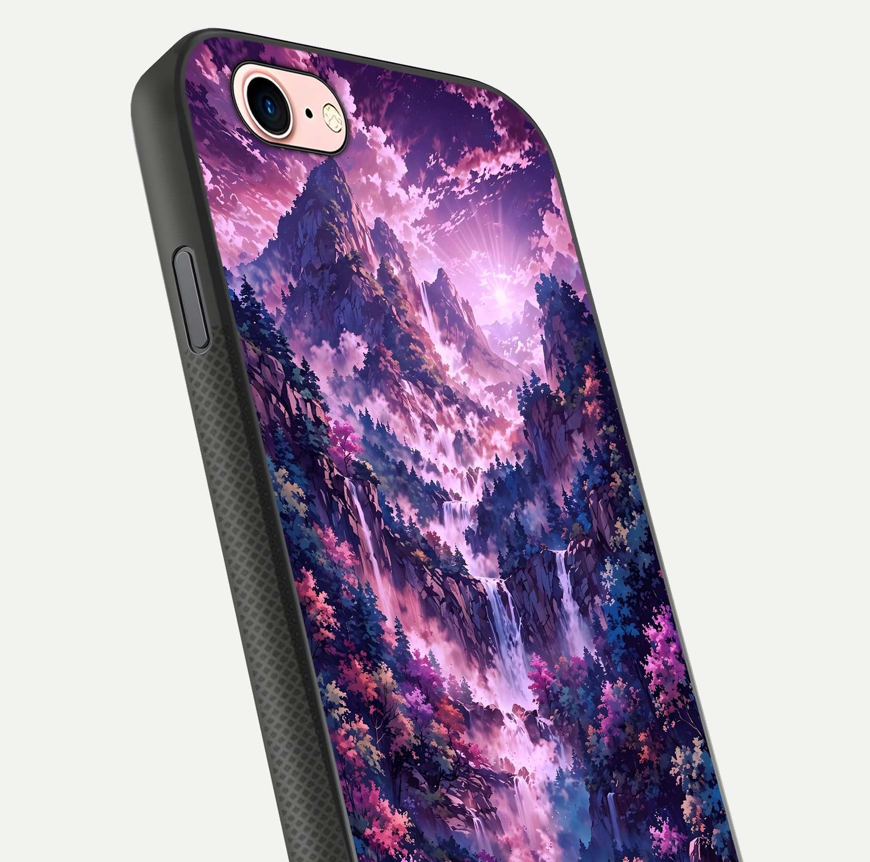 Mystic Cascade Peaks Glass Case for iPhone 6 Plus close-up angled shot showing peak reflections and color gradient