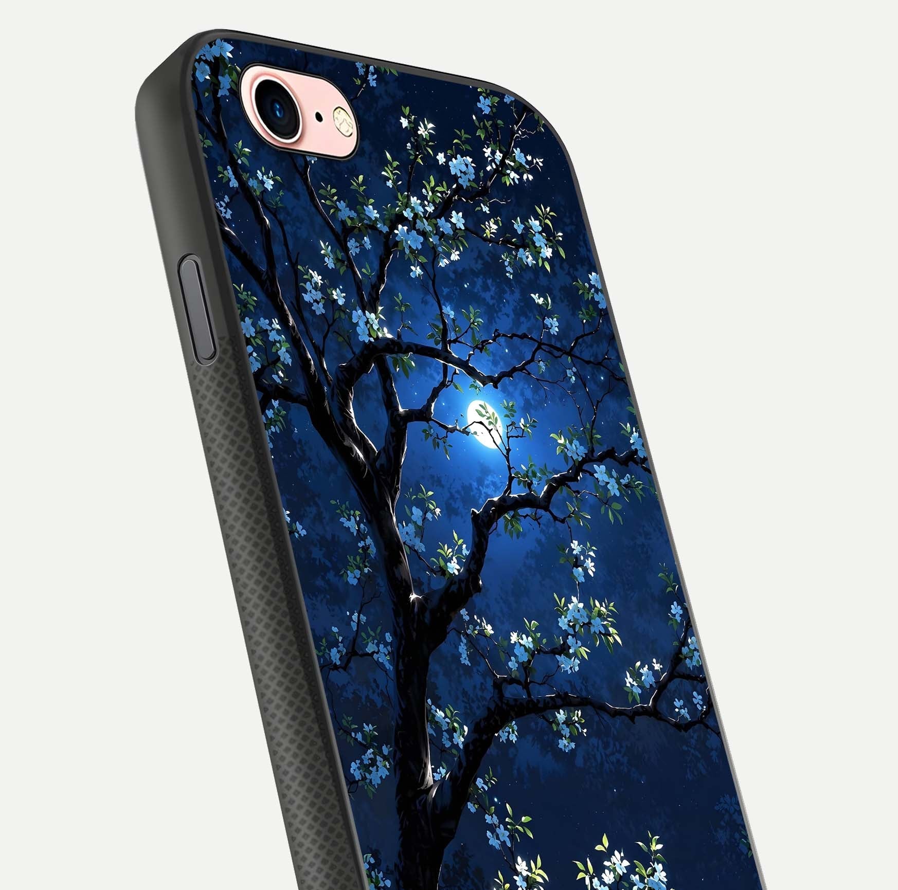Mystic Floral Night Glass Case for iPhone 6 Plus close-up angled shot highlighting petal detail and HD reflection