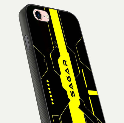 Neon CYBERPUNK Custom Name Glass Case for iPhone 6 Plus close-up angled shot highlighting electric colors and reflection