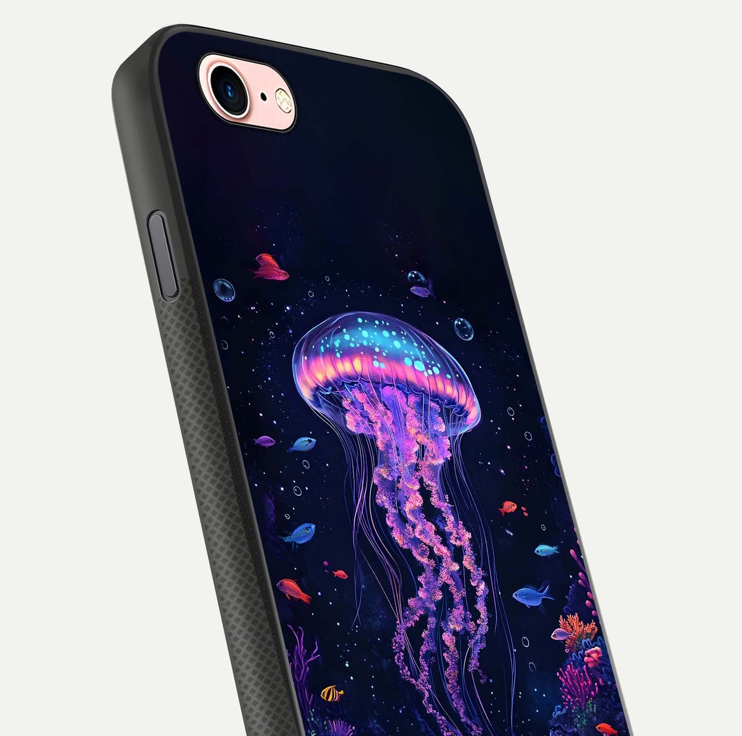 Neon Jellyfish Glass Case for iPhone 6 Plus close-up angled shot showing translucent jellyfish and shine reflection