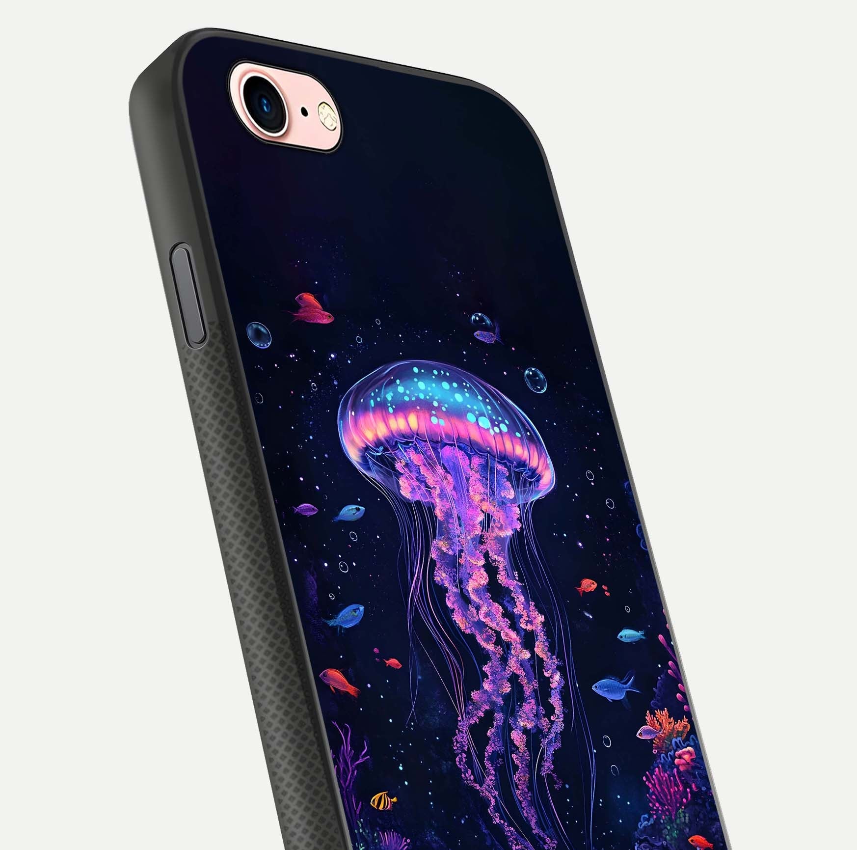 Neon Jellyfish Glass Case for iPhone 6 Plus close-up angled shot showing translucent jellyfish and shine reflection