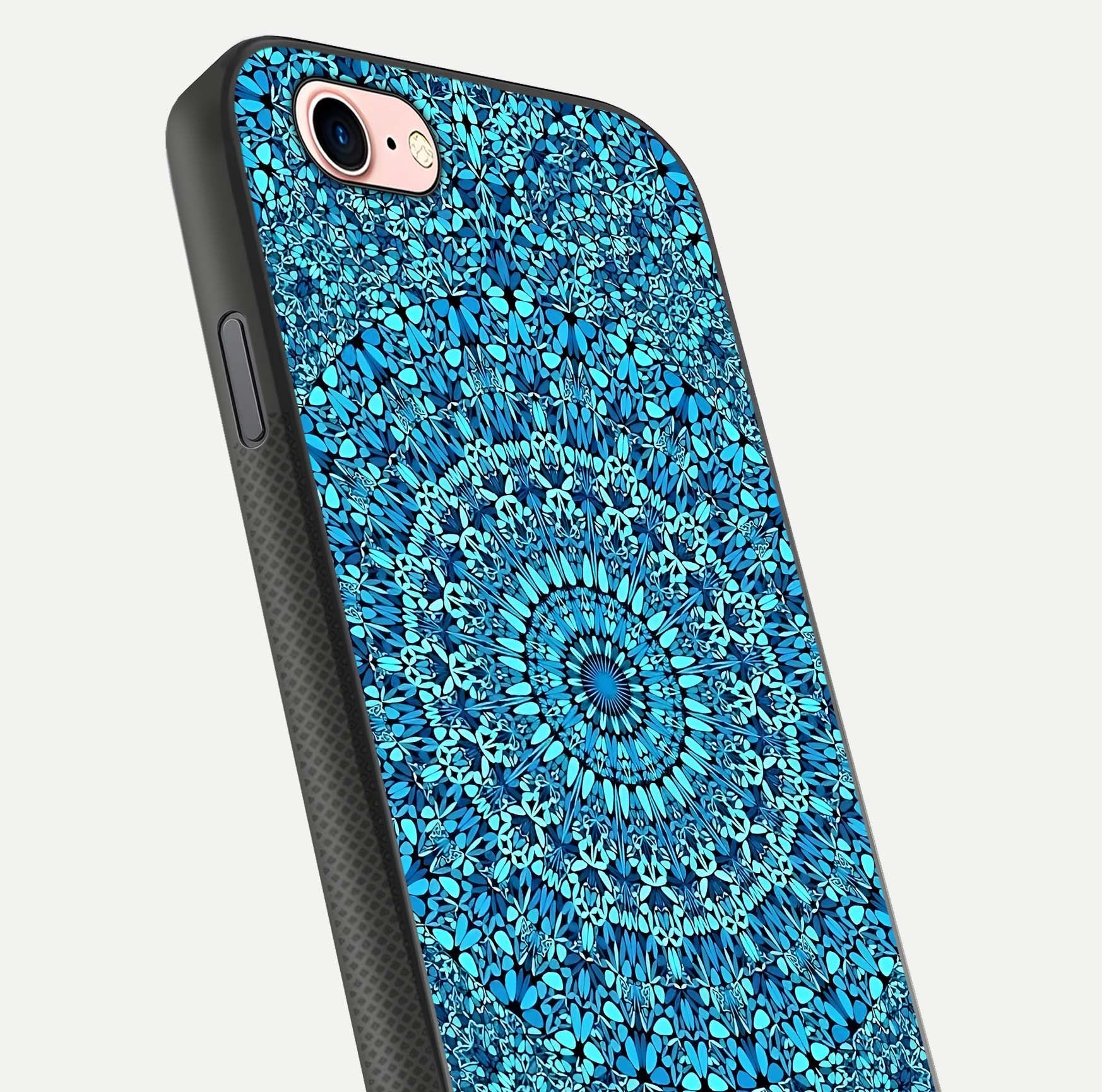 Ocean Bloom Mandala Glass Case for iPhone 6 Plus close-up angled shot highlighting detailed mandala and reflection