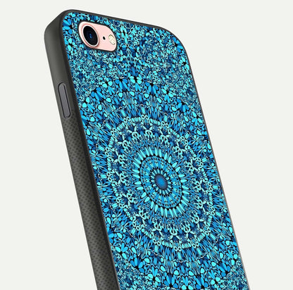 Ocean Bloom Mandala Glass Case for iPhone 6 Plus close-up angled shot highlighting detailed mandala and reflection