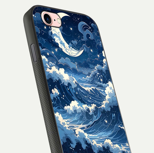 Ocean Moon Waves Glass Case for iPhone 6 Plus close-up angled shot showing HD reflection and calm tones
