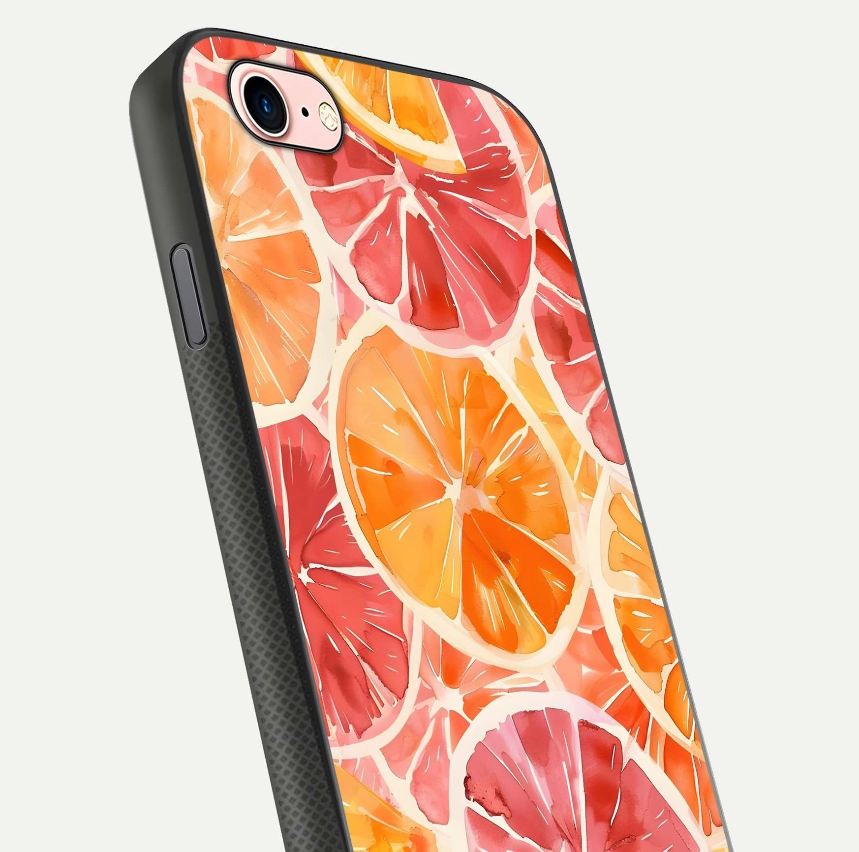 Orange Fruits Pattern Glass Case for iPhone 6 Plus close-up angled shot showing juicy fruit texture and reflection