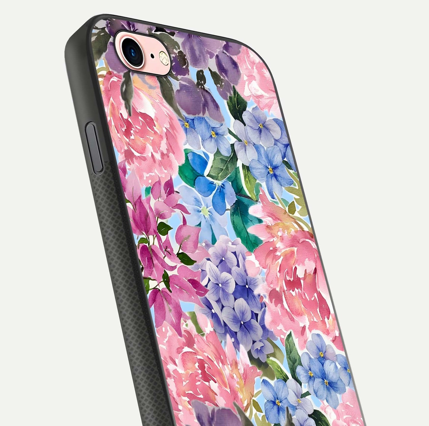 Pastel Floral Mix Glass Case for iPhone 6 Plus close-up angled shot highlighting flower detail and reflection