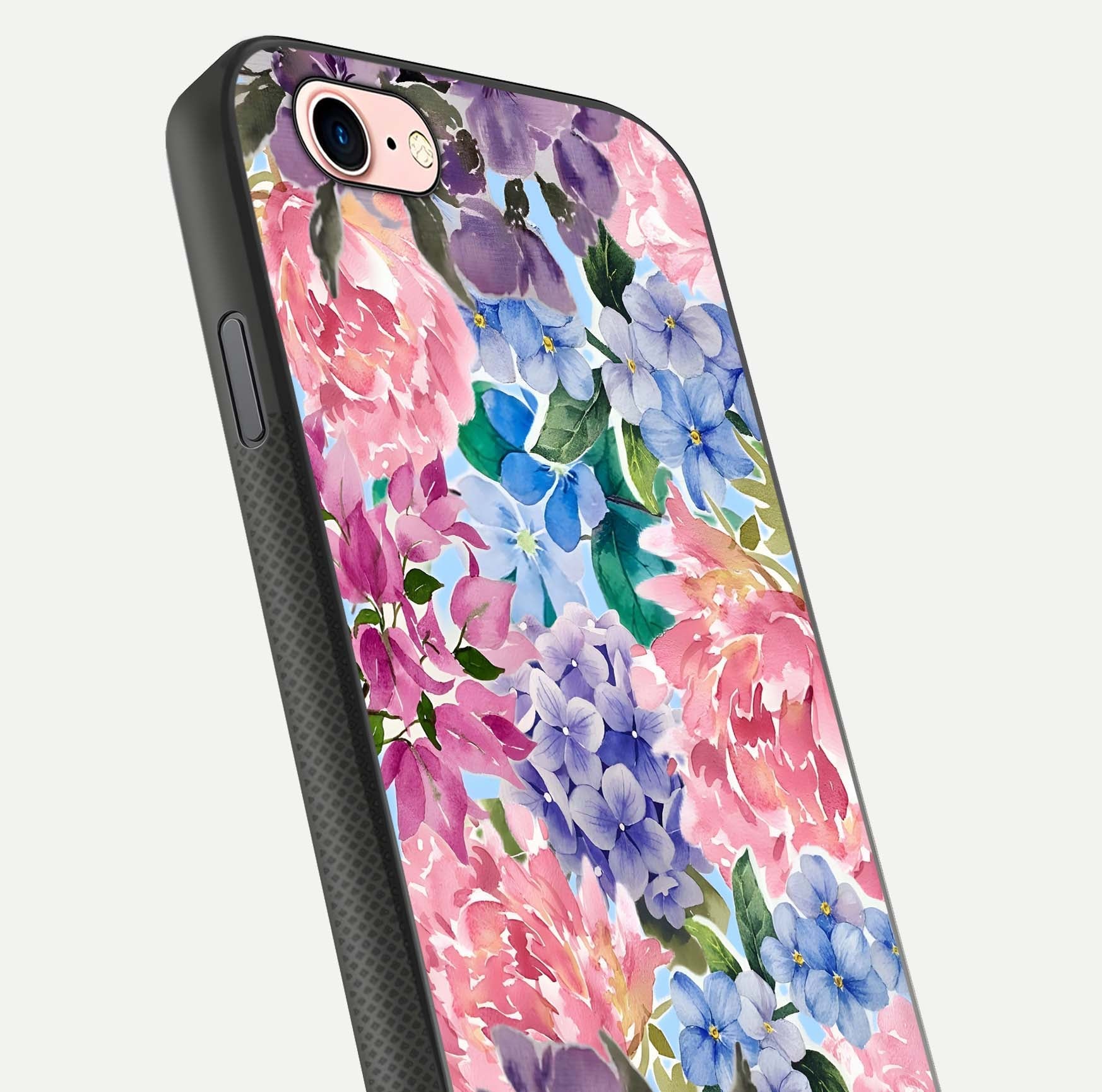Pastel Floral Mix Glass Case for iPhone 6 Plus close-up angled shot highlighting flower detail and reflection