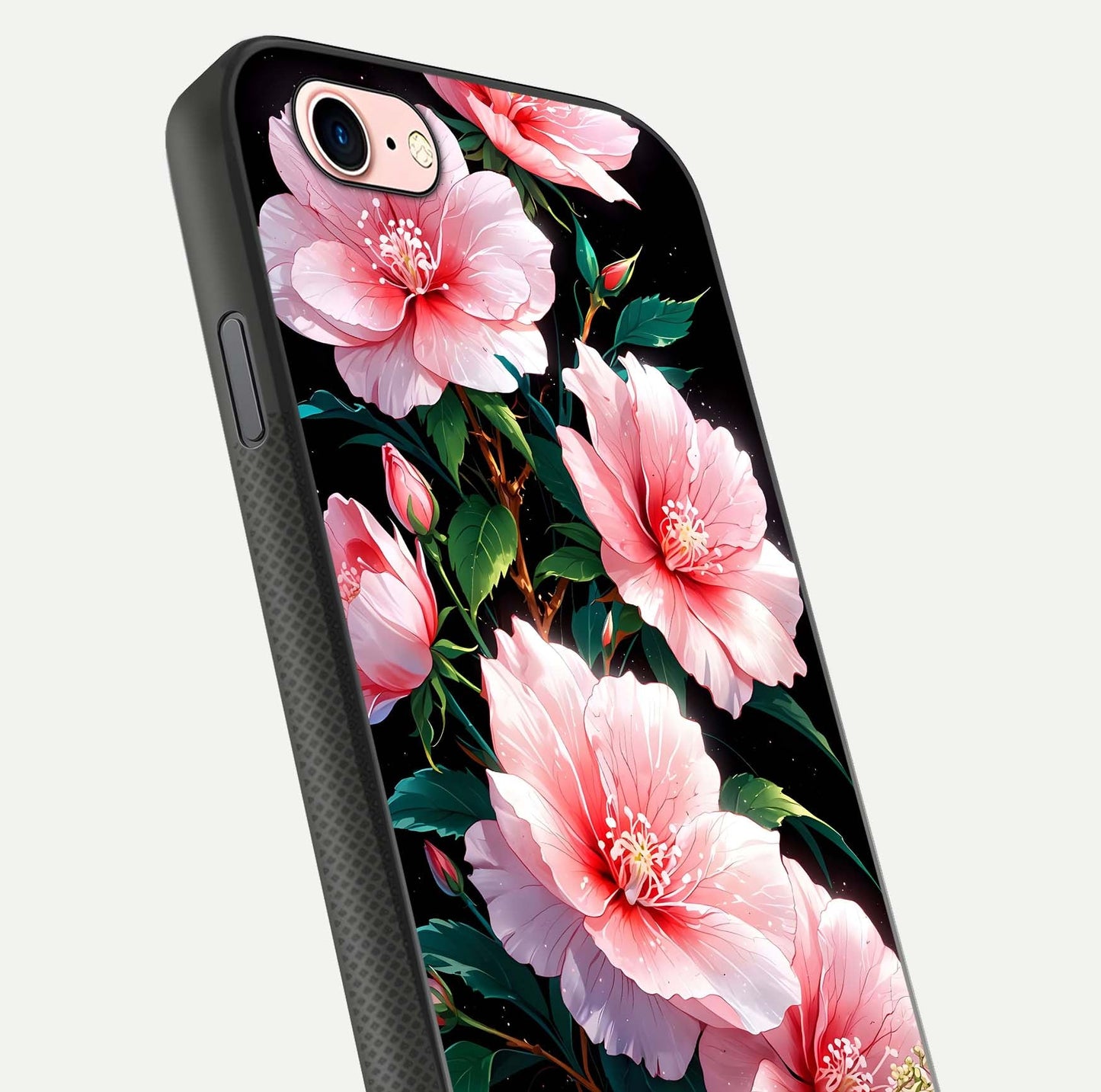 Peach Flower Glass Case for iPhone 6 Plus close-up angled shot highlighting floral petals and HD glass reflection