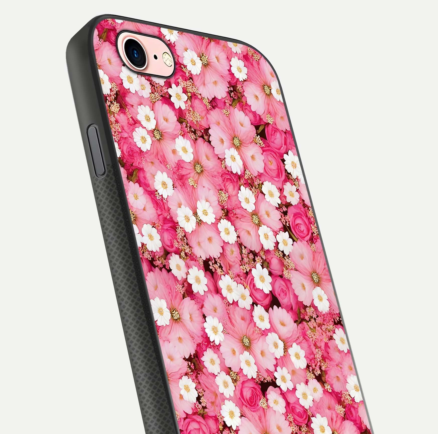 Pink Daisy Bliss Glass Case for iPhone 6 Plus close-up angled shot highlighting daisy detail and reflection glow
