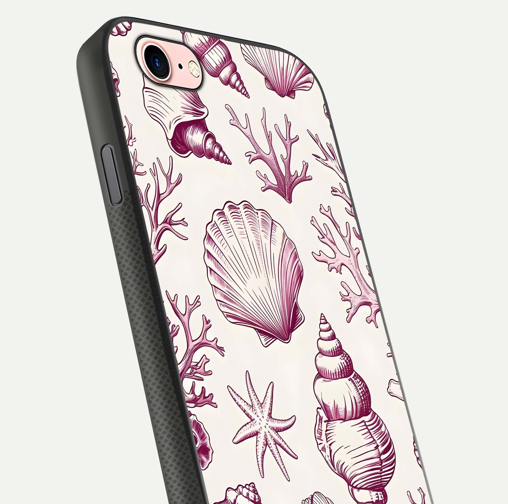Pink Shells Outline Glass Case for iPhone 6 Plus close-up angled shot showing fine shell lines and reflection