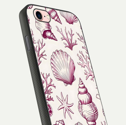 Pink Shells Outline Glass Case for iPhone 6 Plus close-up angled shot showing fine shell lines and reflection