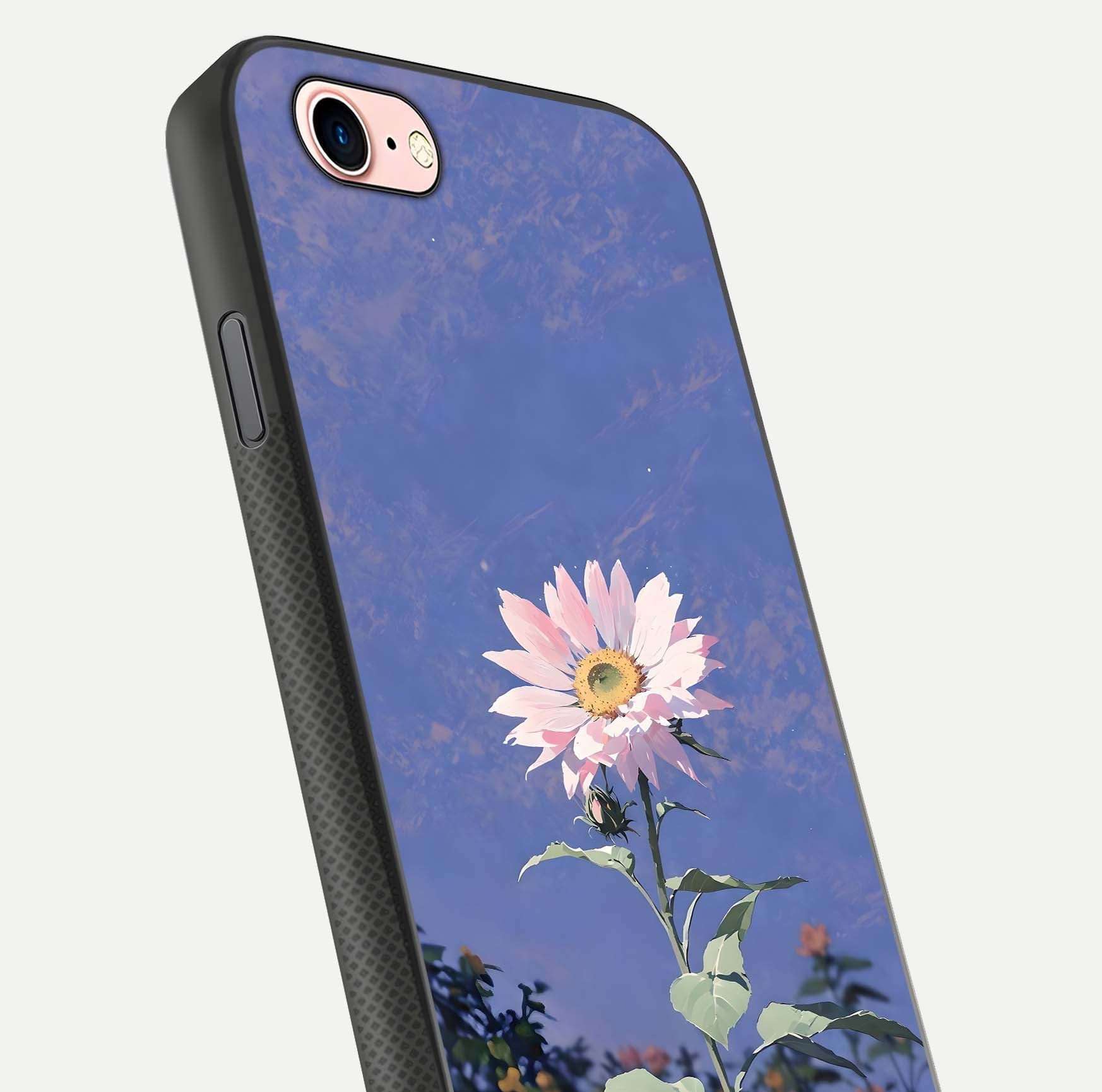 Pink Sunflower Glow Glass Case for iPhone 6 Plus close-up angled shot highlighting petal texture and reflection