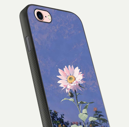 Pink Sunflower Glow Glass Case for iPhone 6 Plus close-up angled shot highlighting petal texture and reflection