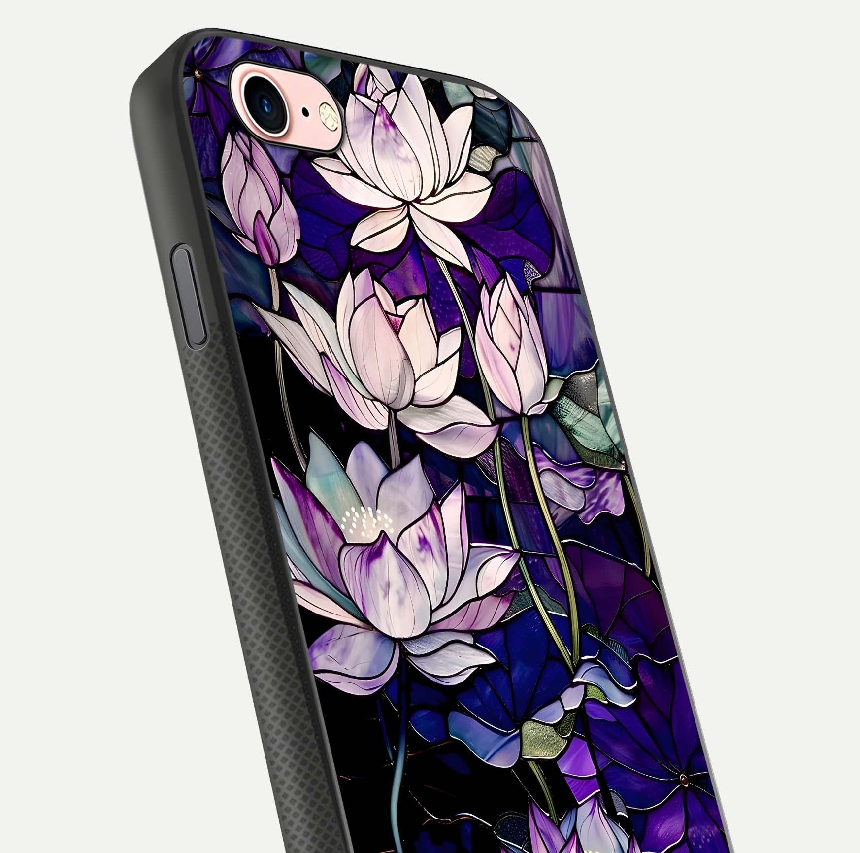 Purple Lotus Pattern Glass Case for iPhone 6 Plus close-up angled shot showing petal texture and HD reflection