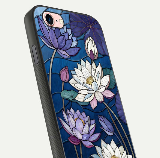 Purple Lotus Stained Glass Case for iPhone 6 Plus close-up angled shot highlighting glass pattern and reflection