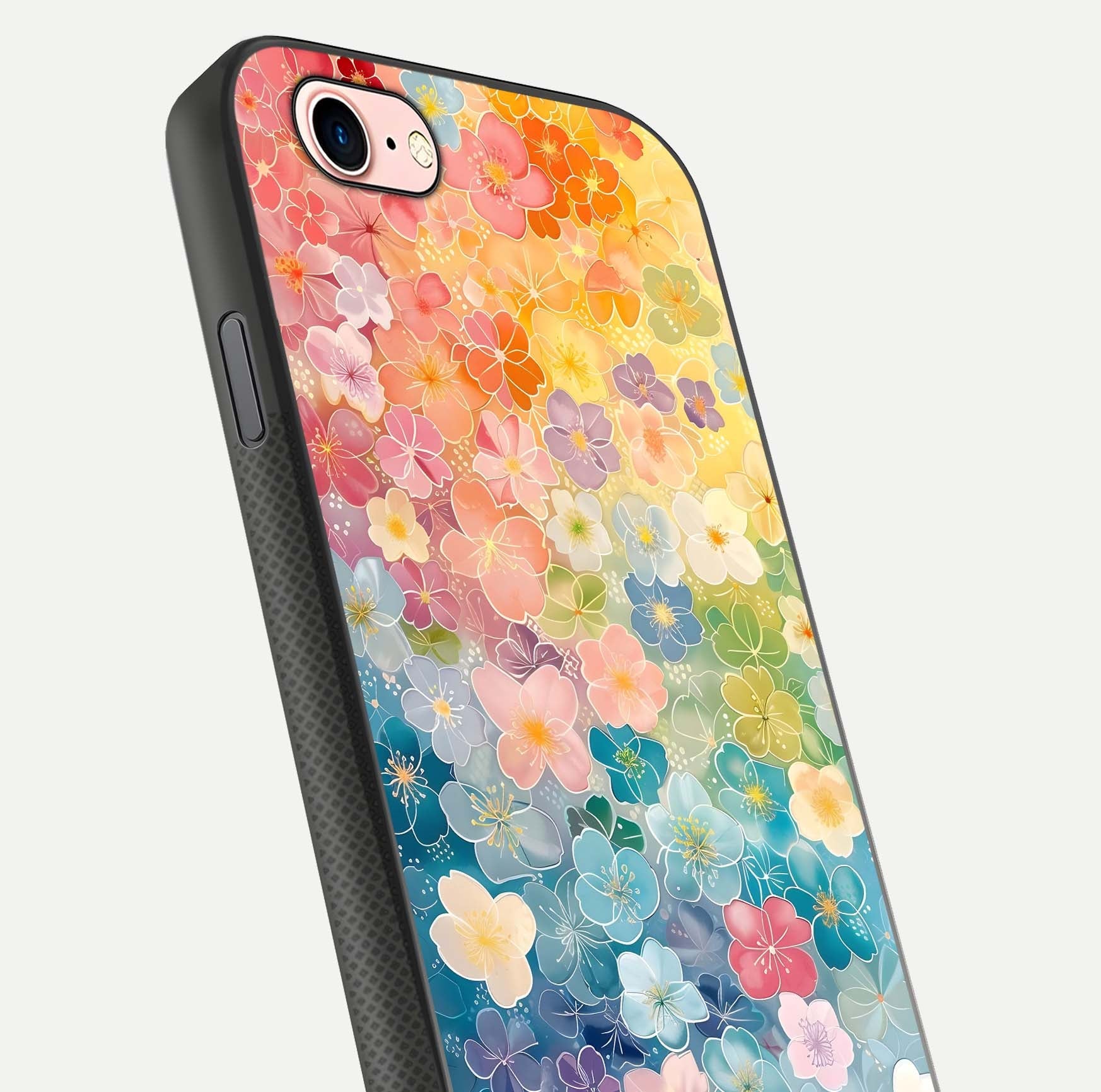 Rainbow Blossom Burst Glass Case for iPhone 6 Plus close-up angled shot showing petal colors and reflection