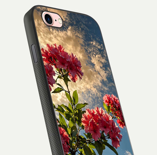 Red Bloom Skies Glass Case for iPhone 6 Plus close-up angled shot highlighting detailed blooms and reflection