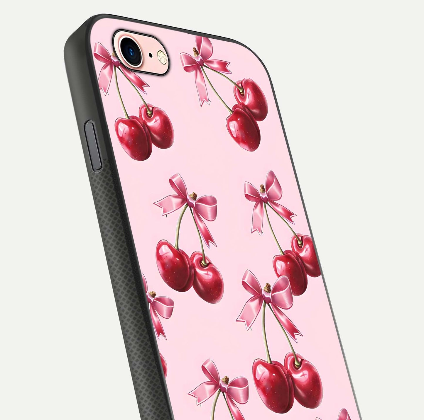 Red Cherries Pattern Glass Case for iPhone 6 Plus close-up angled shot showing cherry details and HD reflection