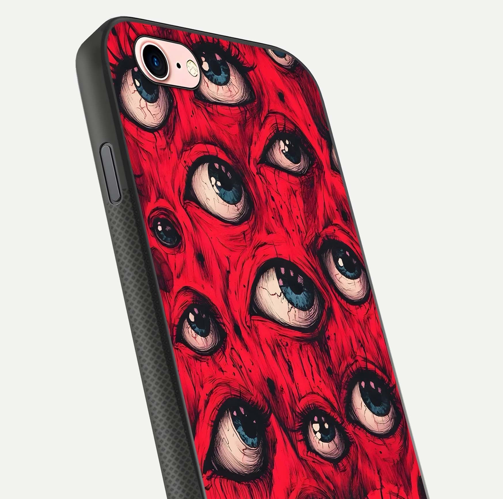 Red Eyes Pattern Glass Case for iPhone 6 Plus close-up angled shot highlighting vivid contrast and HD shine