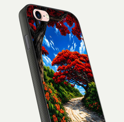 Red Trees Pathway Glass Case for iPhone 6 Plus close-up angled shot highlighting forest detail and reflection