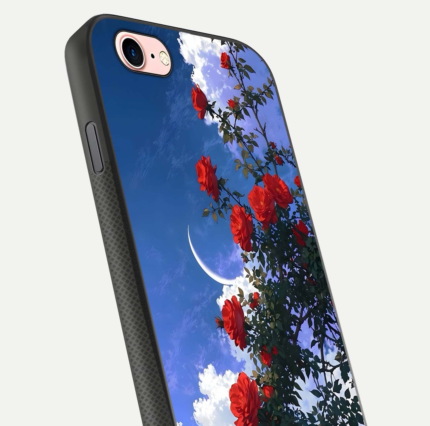 Rose Drift Flowers Glass Case for iPhone 6 Plus close-up angled shot highlighting floral texture and reflection