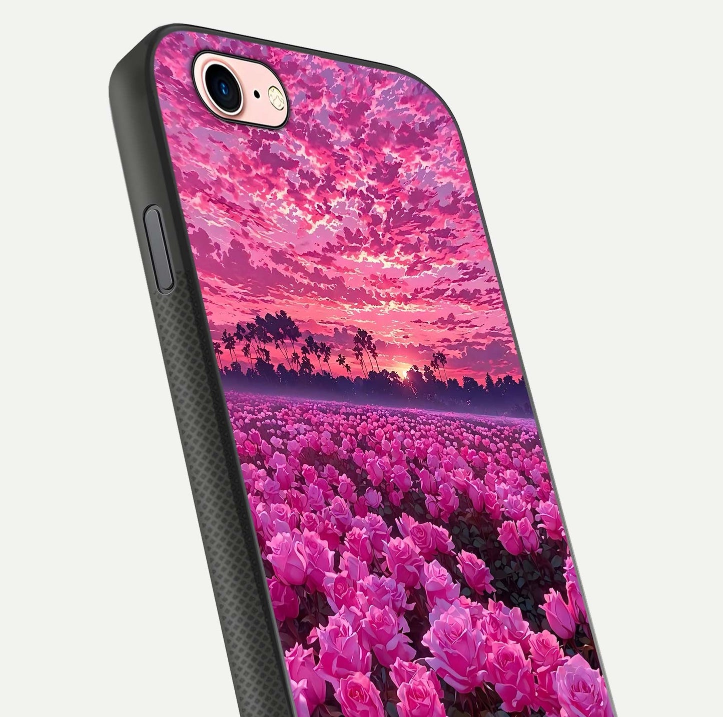 Rose Sunset Valley Glass Case for iPhone 6 Plus close-up angled shot showing rose detailing and golden hues
