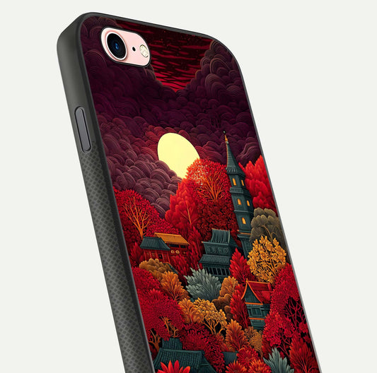 Scarlet Autumn Temple Glass Case for iPhone 6 Plus close-up angled shot highlighting golden leaves and reflection